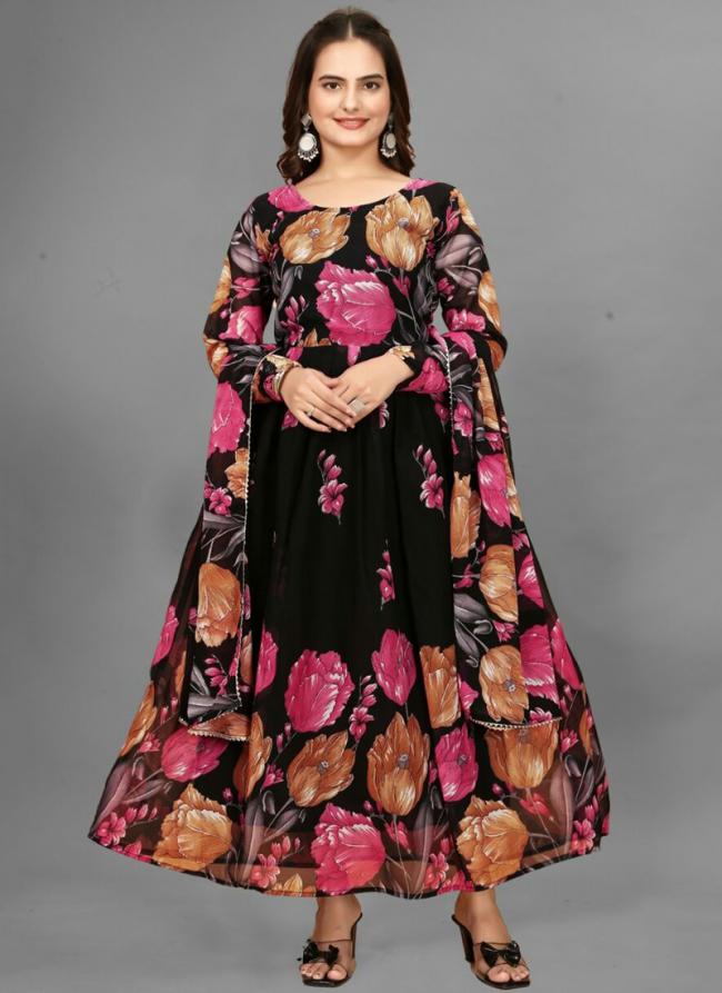 Georgette Black Traditional Wear Printed Readymade Gown With Dupatta